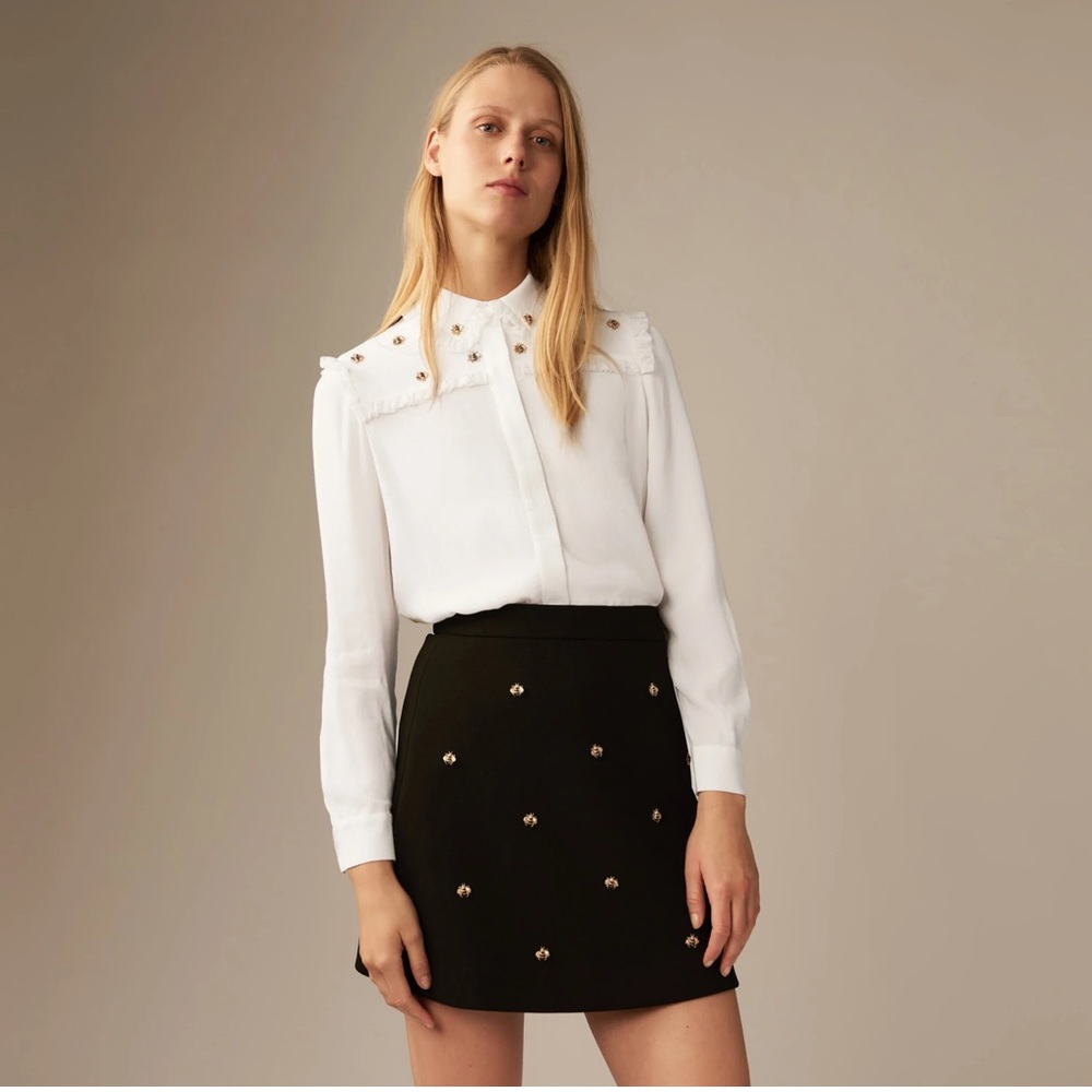 White Embellished Collar Button-Up Blouse